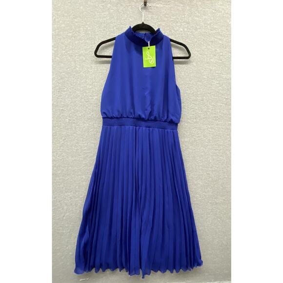 Sam Edelman Dress Womens 6 Cobalt Blue Smocked Plisse Midi Halter Pleated Party - Picture 1 of 10